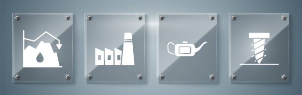 旋转钻孔、机油罐、石油工厂和原油价格下跌图标矢量图图片下载