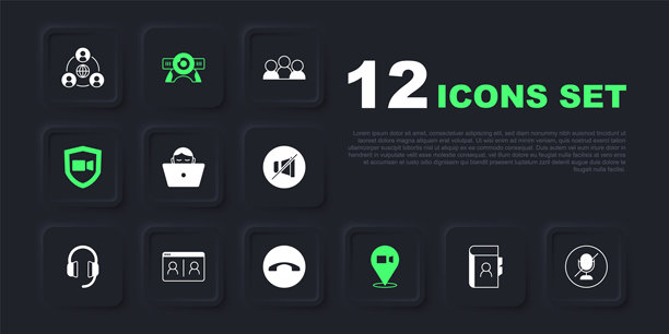 电话簿、静音麦克风、自由职业者、视频聊天会议、网络摄像头和电话听筒图标矢量图图片下载