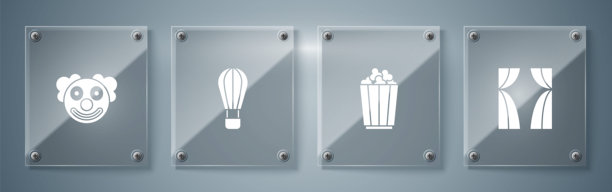 马戏团拉开帷幕、爆米花盒、热气球和小丑头像方形玻璃面板矢量素材图片下载