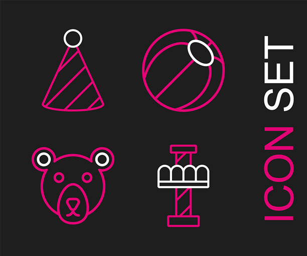 设置线条吸引力旋转木马、熊头、沙滩球和派对帽图标。矢量图。图片下载