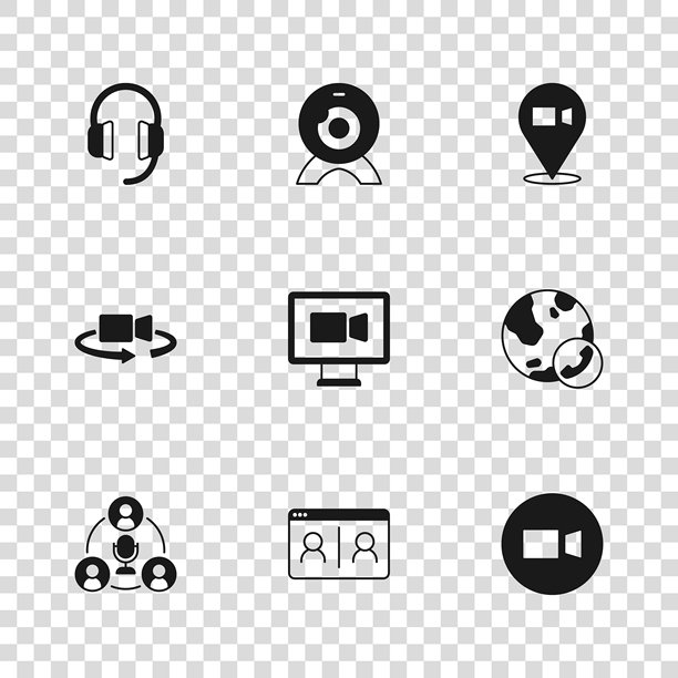 视频聊天会议、耳机、网络摄像头和360度视角图标矢量素材图片下载