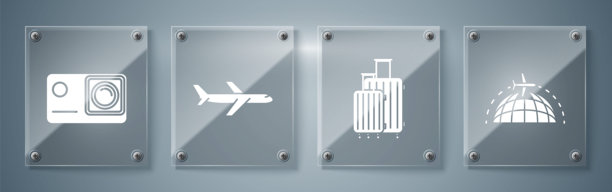 带飞行飞机的地球、旅行箱、飞机和极限运动相机图标矢量素材图片下载