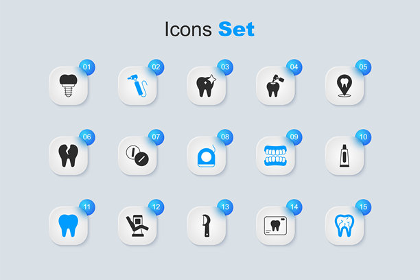 牙齿X光、牙痛止痛片、钻头、断裂牙齿、牙膏、牙科植入和牙线图标图片下载