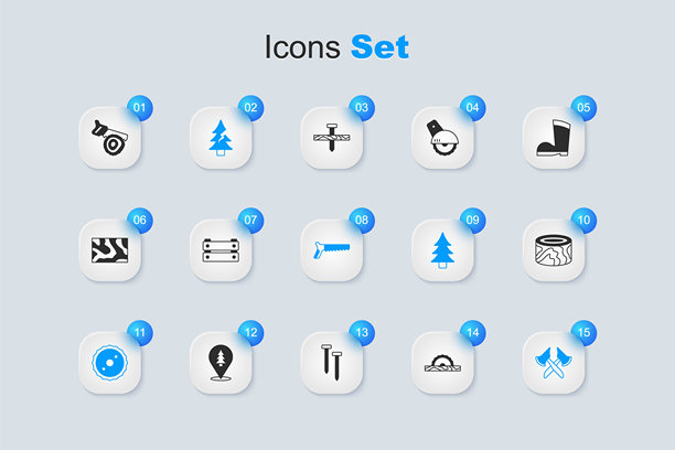 电圆锯、木箱、树、圆锯片、斧头、原木、手和图标矢量图图片下载