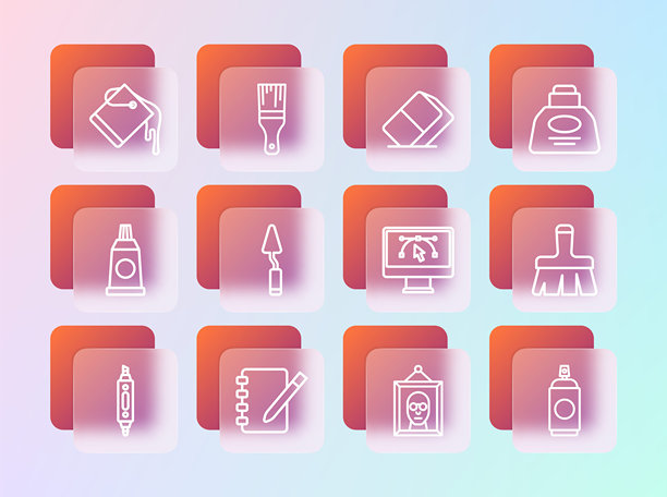 线条墨水瓶、笔记本、带设计程序的电脑、图片、调色刀、橡皮擦或橡皮、油漆桶和画笔图标。矢量图。图片下载