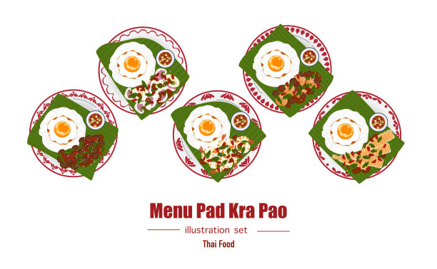 一组扁平风格的横幅矢量插图，美味的食物。泰国菜，单点菜，炒罗勒配煎蛋的巴东咖喱。俯视角度的烹饪，食谱，菜单，餐厅食品设计。图片下载