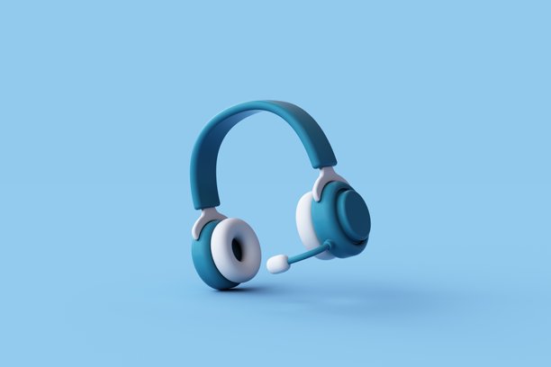 蓝色无线耳机的3D渲染，适合听游戏和音乐。游戏概念。图片下载