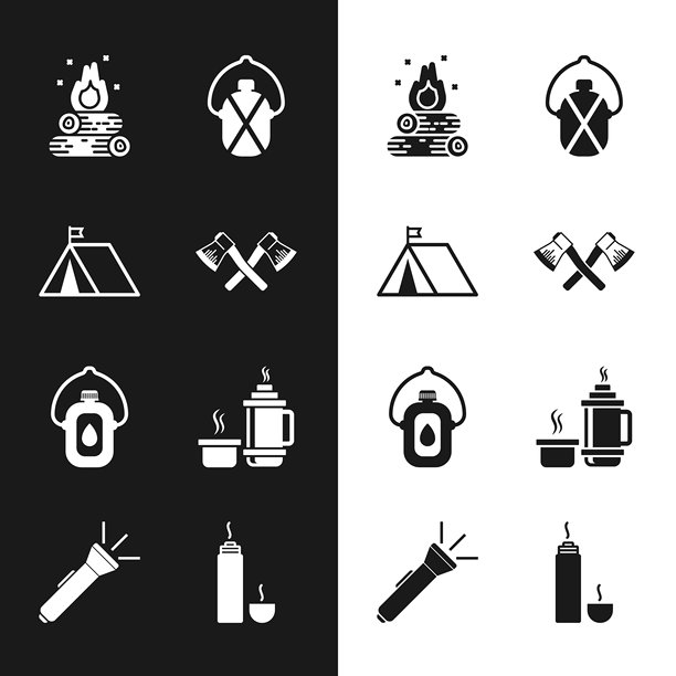 交叉的木斧、带旗帜的旅游帐篷、篝火、水壶、保温瓶和手电筒图标。矢量图。图片下载