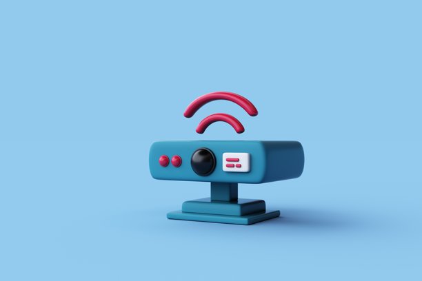 蓝色背景上的投影仪3D渲染图。图片下载