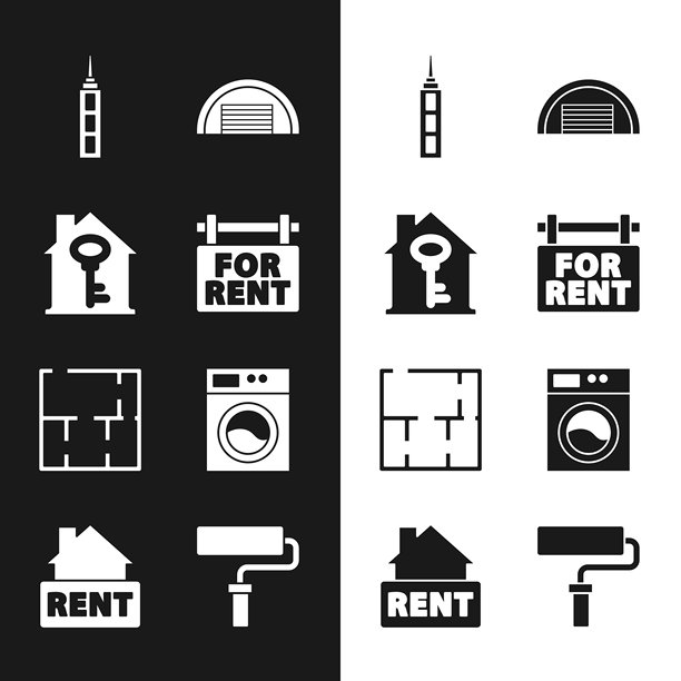 带有“出租”标志的悬挂牌，房屋钥匙，摩天大楼，车库，平面图，洗衣机，油漆滚筒刷和图标。矢量图。图片下载