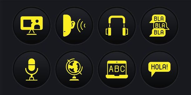 麦克风语音设备、语音气泡聊天、地球、在线外语学习、耳机、声音信号、你好不同语言和图标矢量素材图片下载
