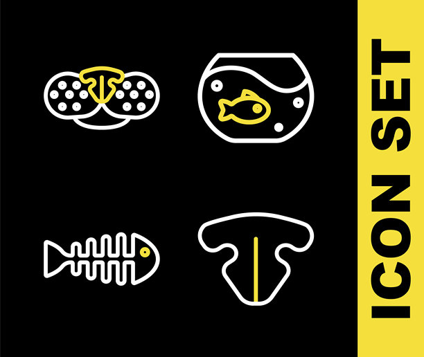 水族箱线条图，包含鱼、猫鼻子、鱼骨架和图标。矢量图。图片下载