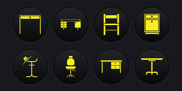 衣帽架、夜stand家具、办公椅、桌子、椅子、圆桌和木质图标。矢量图。图片下载