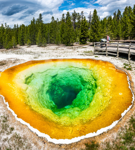 早晨荣耀池观看老忠实间歇泉在美国怀俄明州黄石国家公园喷发图片下载