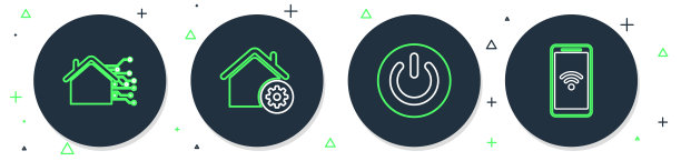 智能家居设置、电源按钮和带心率图标的手机矢量图标图片下载