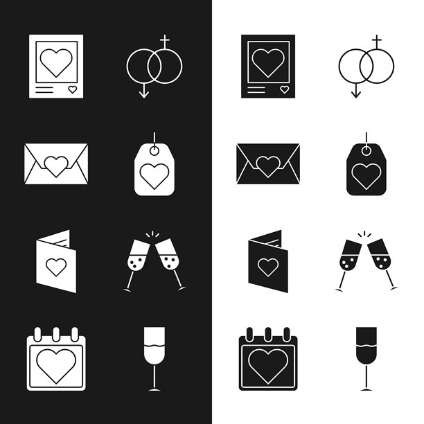 心形标签，带情人节心形的信封，照片框和心形，性别，情人节传单，香槟杯，酒杯和日历图标。矢量图。图片下载