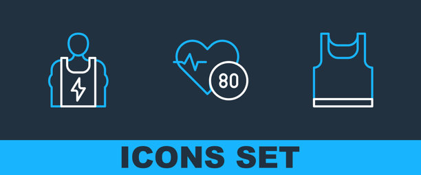 设置线条：无袖T恤、健美运动员和心率图标。矢量图图片下载