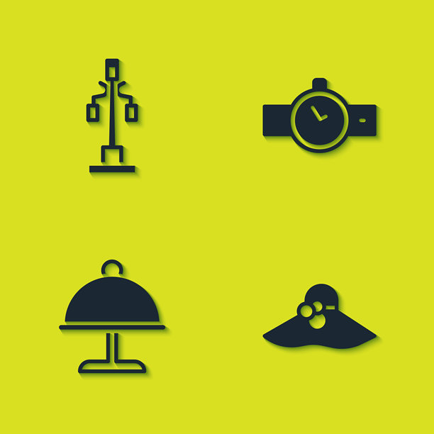 街灯、优雅的女士帽子、托盘和手表图标。矢量图。图片下载