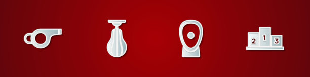 口哨、拳击沙袋、拳击训练手靶和体育获奖者领奖台奖杯图标矢量素材图片下载