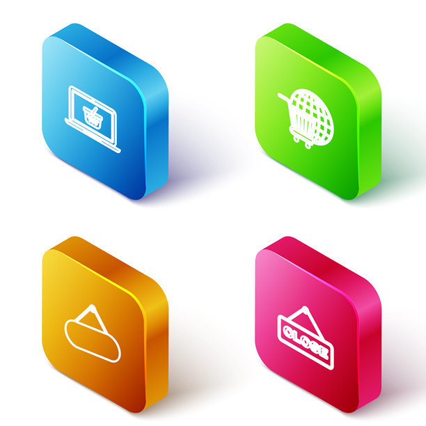 2.5D笔记本电脑上的购物篮、带地球的购物车、标牌悬挂和关闭标志图标矢量素材图片下载