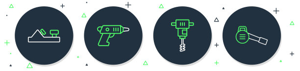 电动无绳螺丝刀、手持电动混凝土搅拌机、木工刨工具和园艺吹叶机图标。矢量图。图片下载
