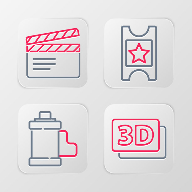 3D字母设置，胶卷卷筒，电影票和电影拍板图标。矢量图。图片下载