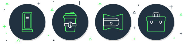 咖啡外带杯、铅笔削尖器、更衣室或储物柜和公文包图标。矢量图。图片下载