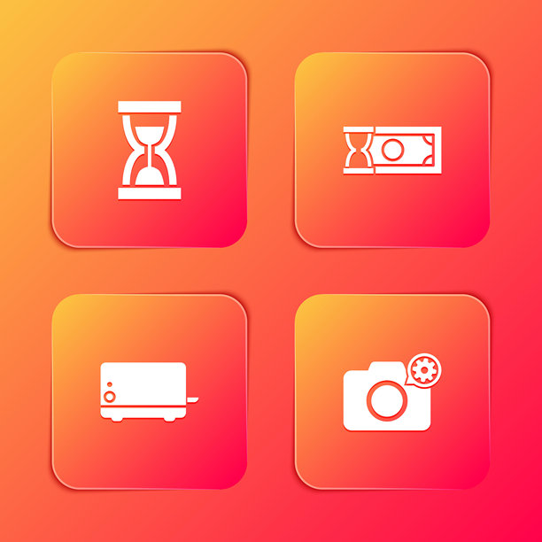 旧沙漏与沙子，快速支付，烤面包机和相机设置图标。矢量图。图片下载