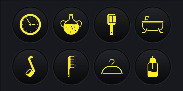 桑拿勺、浴缸、发刷、衣架、精油瓶和时钟图标。矢量图。图片下载