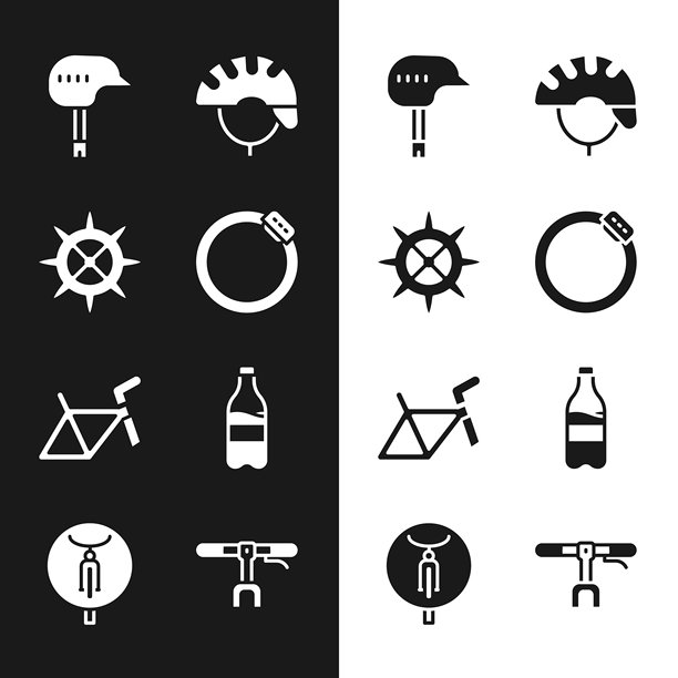 自行车刹车盘、齿轮曲柄、头盔、车架、水瓶、把手和图标。矢量图。图片下载