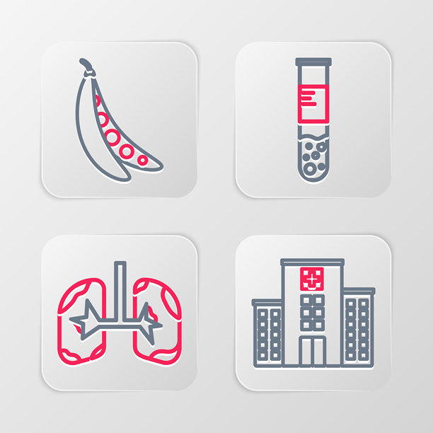 医疗医院建筑、肺、试管和烧瓶及芸豆图标组合矢量素材图片下载