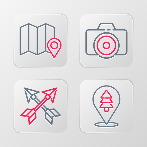 森林位置、交叉箭头、照相机和地图图标矢量图图片下载