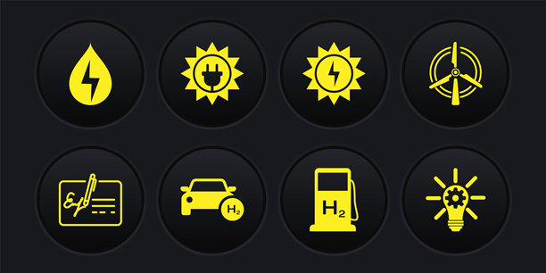 已签署文件、风力涡轮机、氢能源汽车、加气站、太阳能电池板、齿轮灯泡和水图标矢量图图片下载