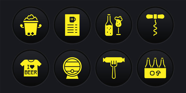 啤酒T恤、酒瓶开瓶器、架子上的木桶、香肠叉、瓶子和酒杯、菜单、啤酒瓶包装和冰桶图标。矢量图。图片下载