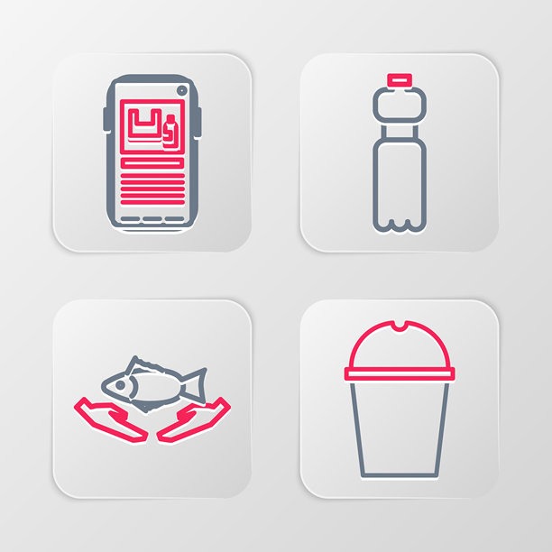 纸杯、鱼类护理、瓶装水与禁止塑料污染图标矢量素材图片下载