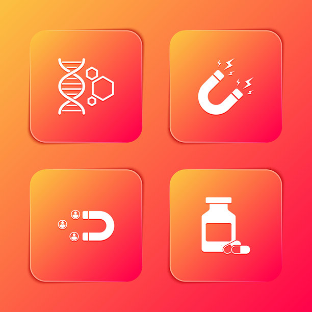 基因工程、带闪电的磁铁、吸引顾客和药瓶与药丸图标。矢量图。图片下载