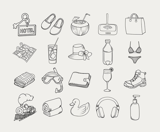 手绘旅行必备品轮廓插图图片下载