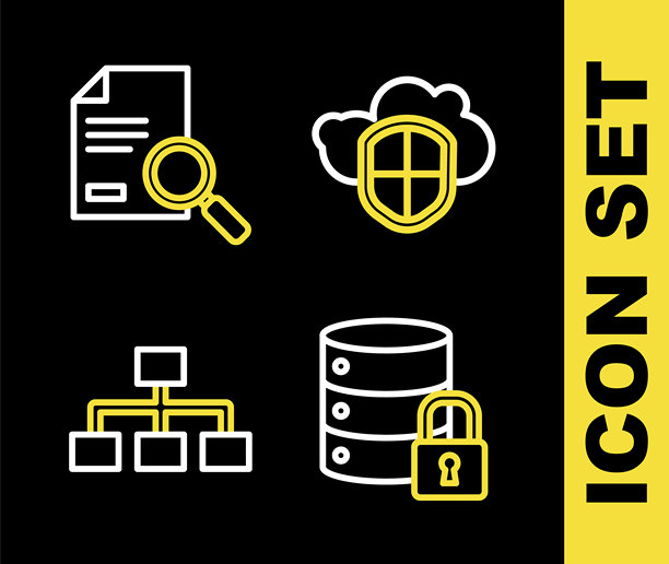云和盾牌线条、带锁服务器安全、层级结构图和文档搜索图标矢量素材图片下载