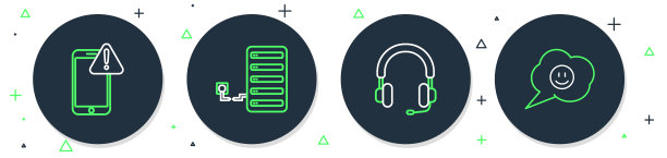 设置线条服务器、耳机、手机，带感叹号和笑脸气泡图标。矢量图。图片下载