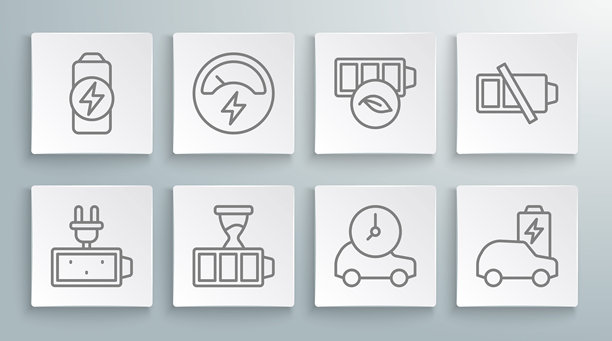 电池电量、电压表、电动汽车、生态自然叶电池和低电量图标矢量素材图片下载