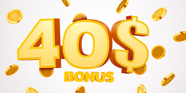 40美元奖金与领奖台和掉落的金币。现金返还或奖品概念。图片下载