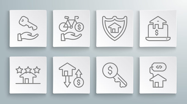 房地产线条，自行车租赁移动应用，带美元的房子，租赁钥匙，盾牌，在线房地产和图标。矢量图。图片下载