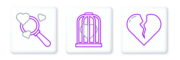 爱情主题：心碎或离婚、搜索爱情和鸟笼中的爱心图标矢量素材图片下载