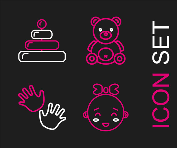 快乐的小女孩头像，婴儿手印，毛绒玩具泰迪熊和金字塔图标。矢量图。图片下载