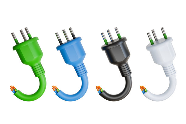 白色、绿色、蓝色和黑色的电插头，带有铜质材料，3D渲染，背景为剪切路径隔离。图片下载