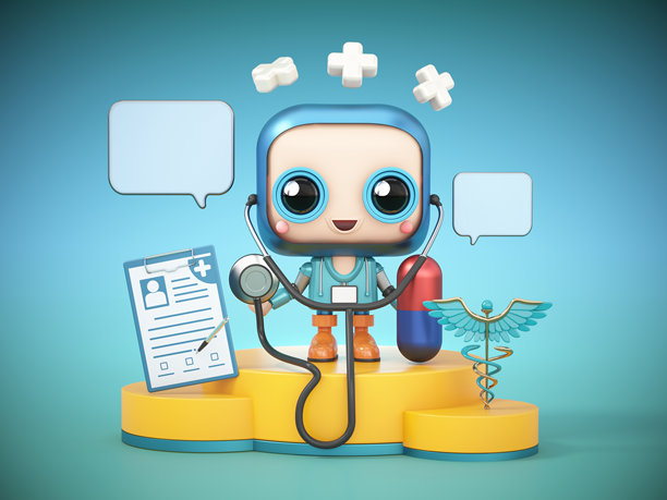 一位戴着听诊器的卡通医生站在平台上，手里拿着病历。人工智能聊天机器人概念图片下载