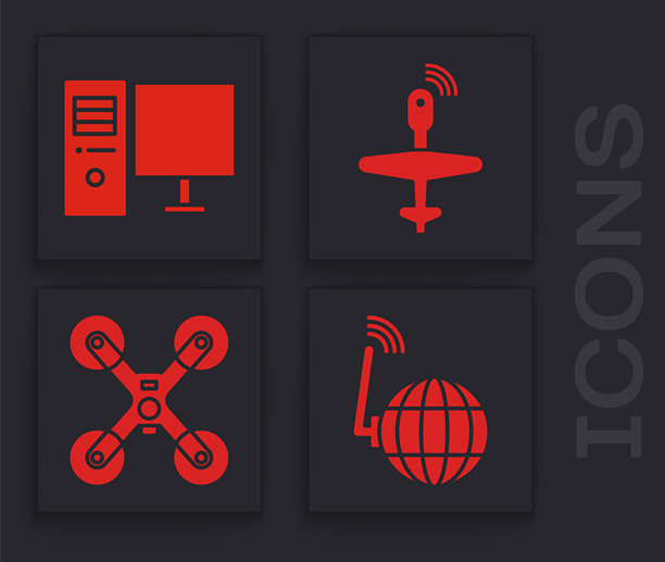 社交网络、计算机显示器、无人机和无人机飞行图标。矢量图。图片下载