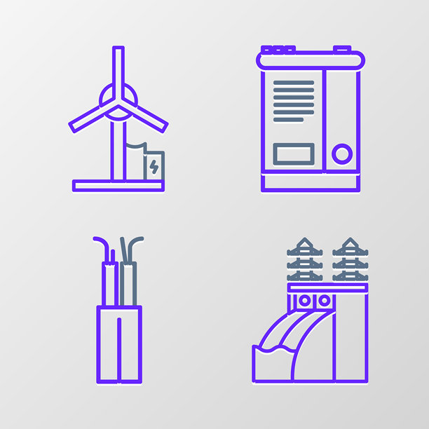 核电站、电缆、汽车电池和风力涡轮机图标组合矢量素材图片下载