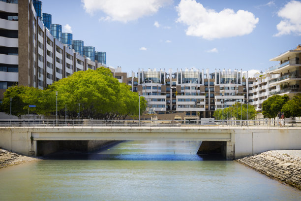 绿树环绕的新公寓楼群图片下载