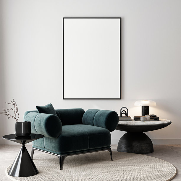 框架模型，ISO A纸张尺寸。客厅墙壁海报模型。带有房屋背景的室内模型。现代室内设计。3D渲染。图片下载